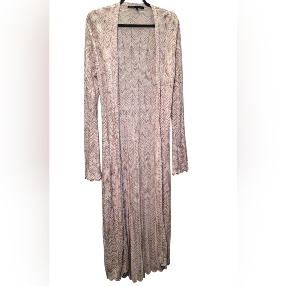 White House Black Market Long Open-Front Taupe Chevron Knit Duster